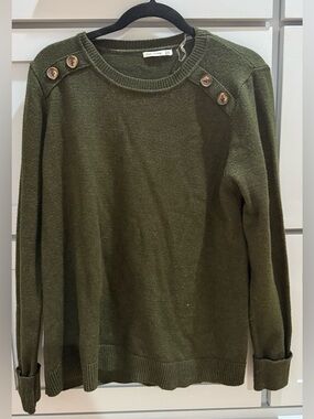Pink Clover Olive Green Button-Shoulder Crew Sweater
